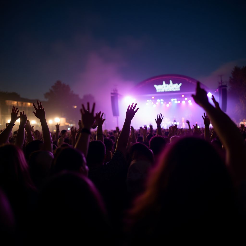 A crowd at a music festival with hands in the air