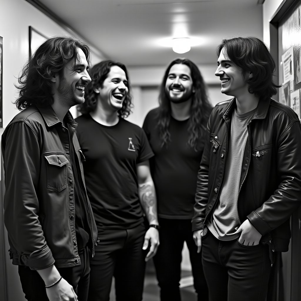 A band laughing together backstage before a show