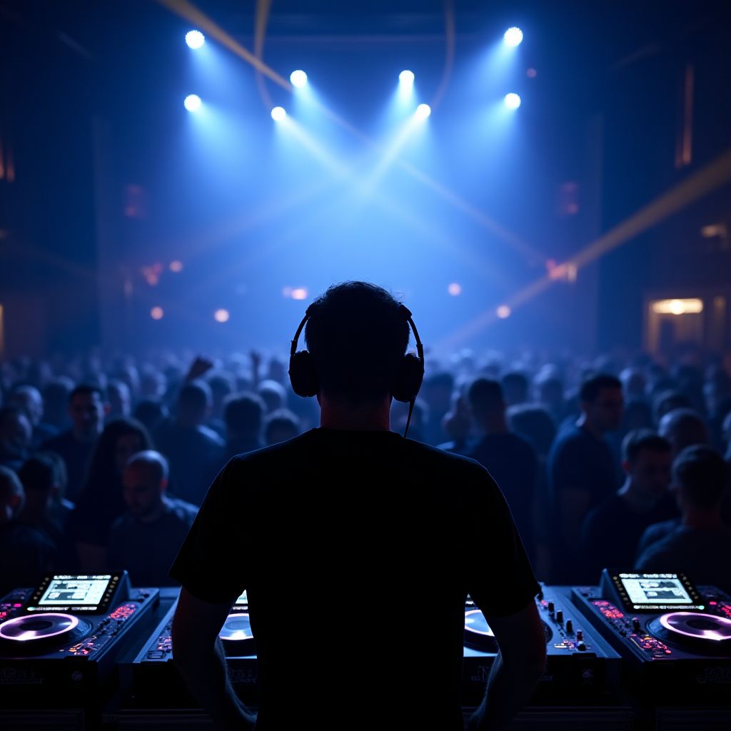 A DJ performing a set with a large crowd dancing