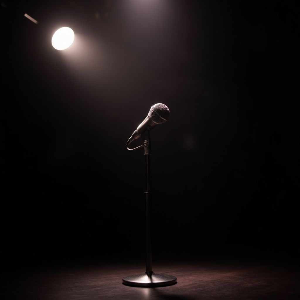 A vintage microphone on a stand in a dimly lit, empty music venue